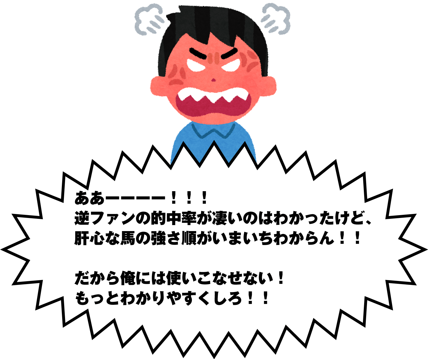 ああーーーー！！！逆ファンの的中率が凄いのはわかったけど、肝心な馬の強さ順がいまいちわからん！！だから俺には使いこなせない！もっとわかりやすくしろ！！